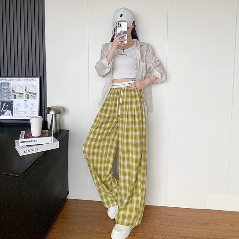 柄 パンツ ゆったりチェック柄ワイドパンツ