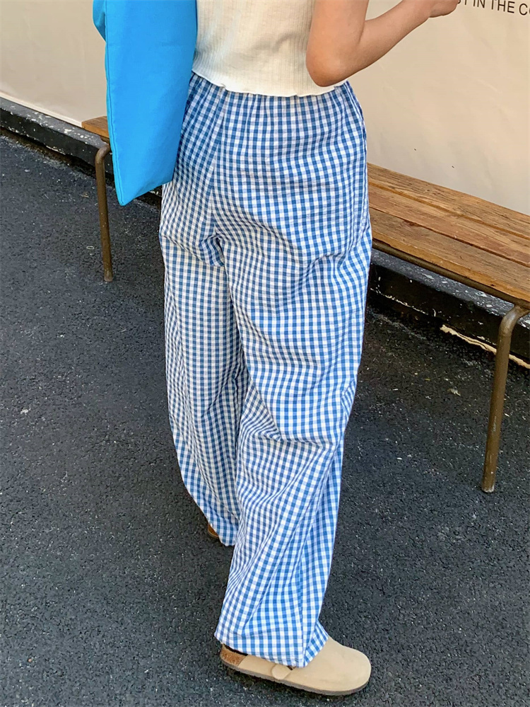 柄 パンツ 春夏ゆったりワイド チェック柄パンツ ゴムウエスト