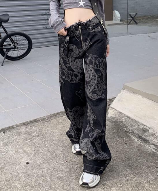 柄 パンツ 龍柄デニムハイウェストワイドパンツ