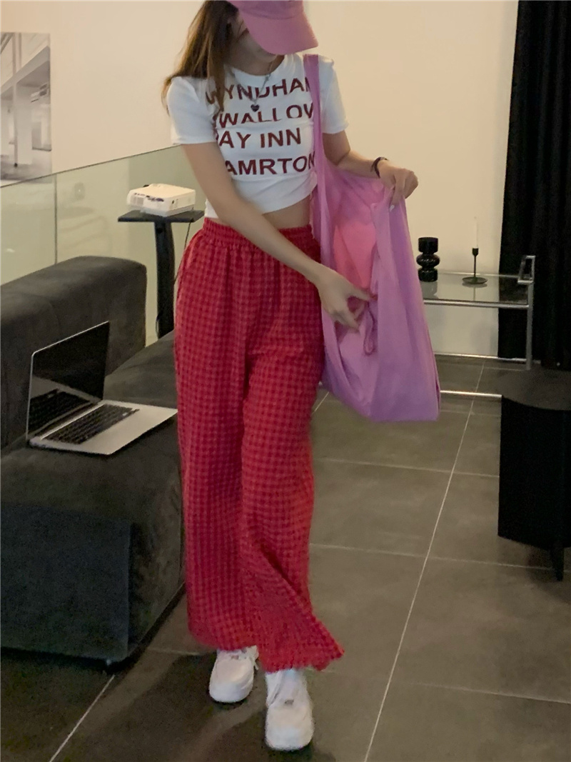 柄 パンツ チェック柄ハイウエストワイドパンツ