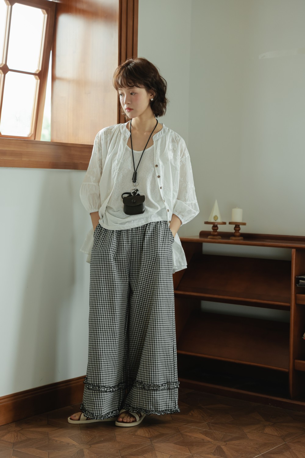 柄 パンツ 春夏新作 韓国風 チェック柄 フリルワイドパンツ