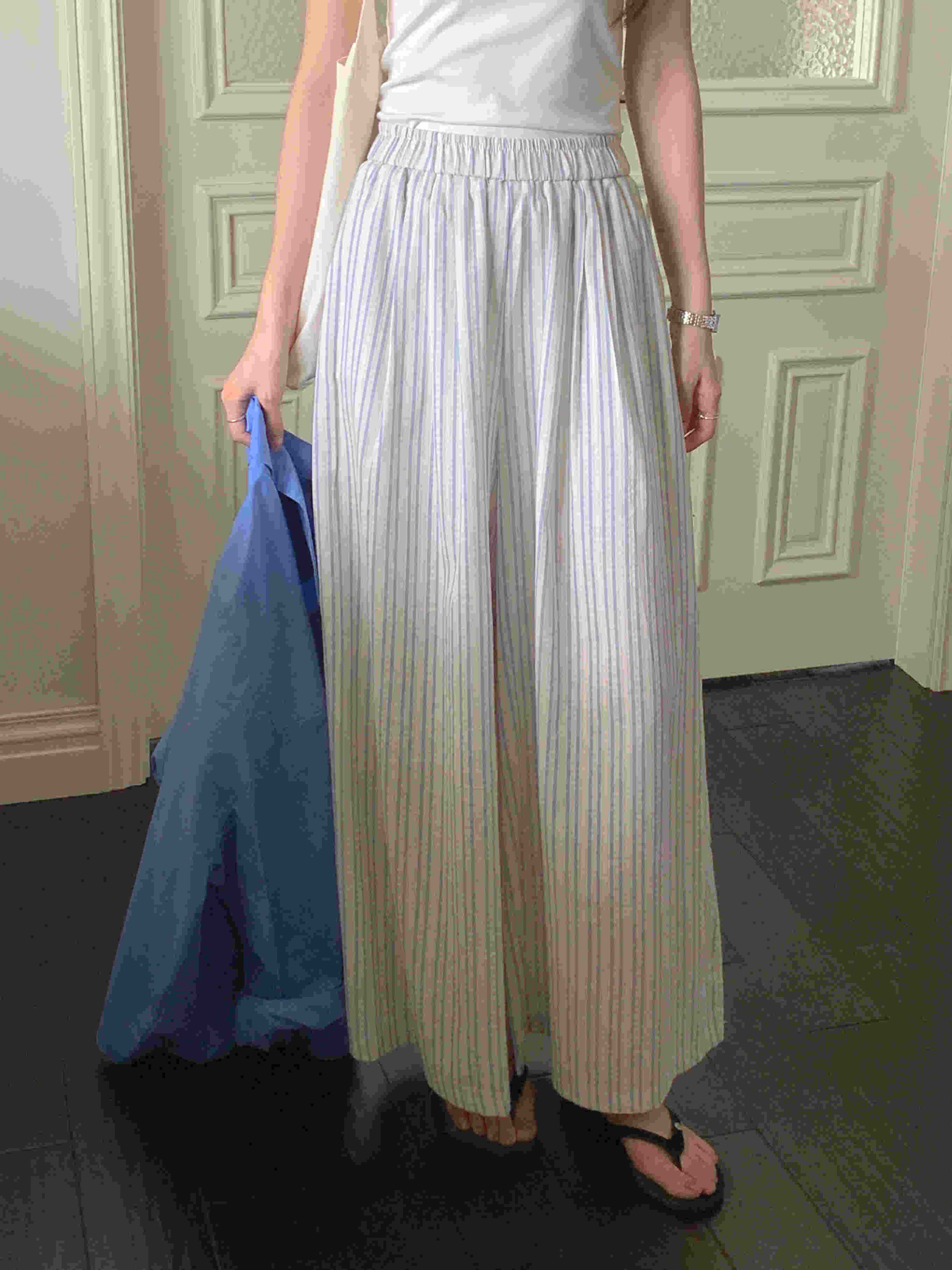 柄 パンツ 韓国風ストライプ柄ゆったりワイドパンツ