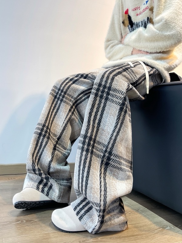 メンズ ウール風 チェック格子柄 パンツ