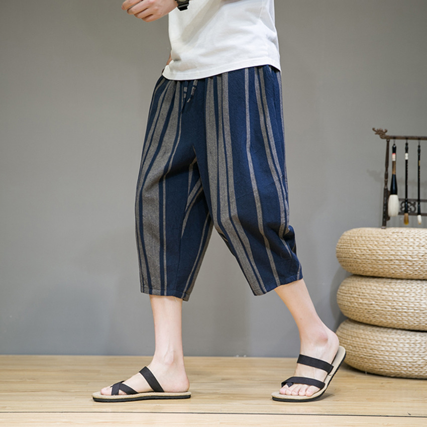 柄 パンツ 縦縞ゆったりクロップドパンツ