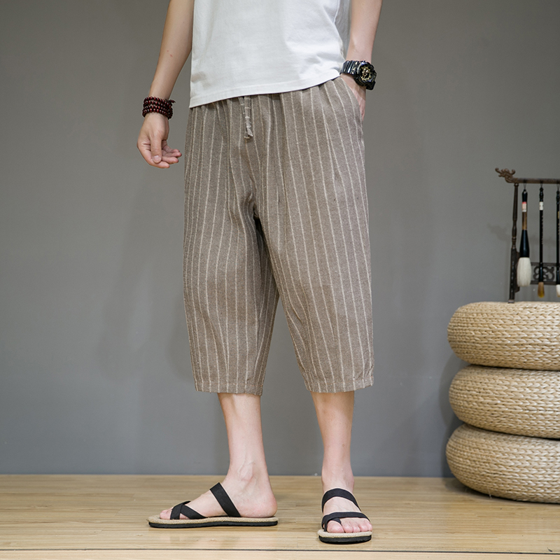 柄 パンツ 涼やか七分丈ストライプワイドパンツ