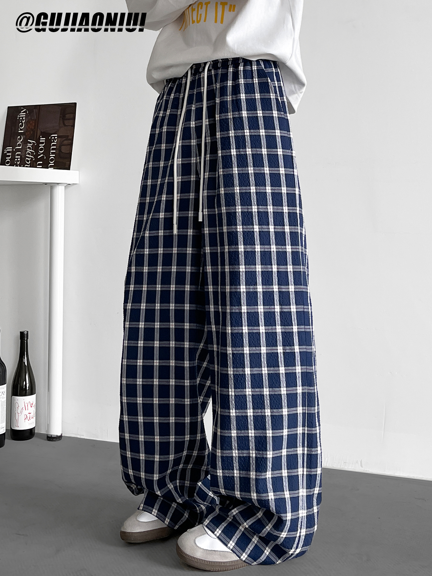 柄 パンツ 格子柄リラックスワイドパンツ