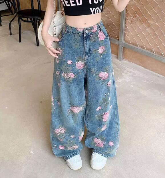 柄 パンツ 花柄プリントワイドデニムパンツ