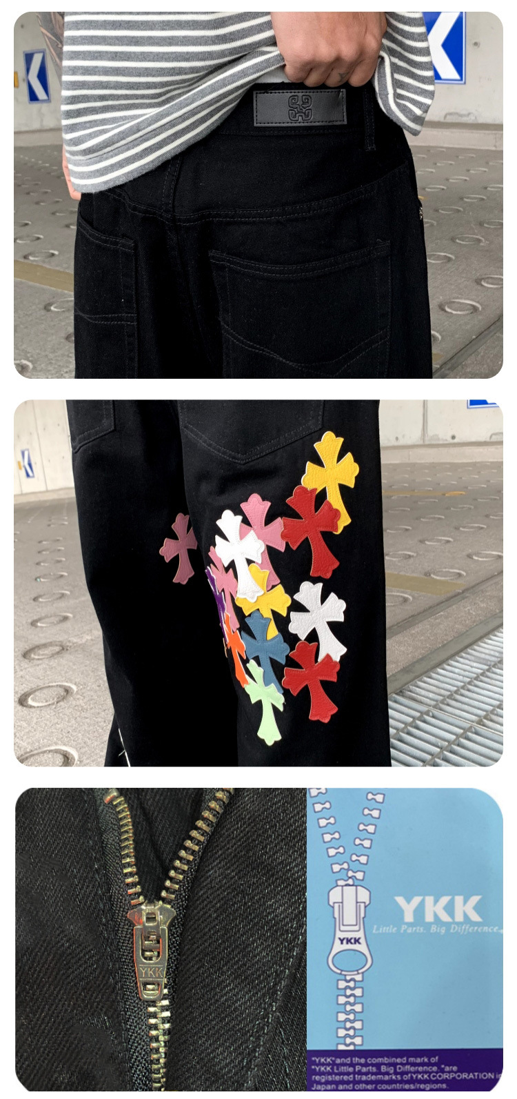 柄 パンツ 十字架刺繍ワイドパンツ