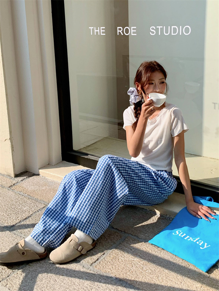 柄 パンツ 春夏ゆったりワイド チェック柄パンツ ゴムウエスト