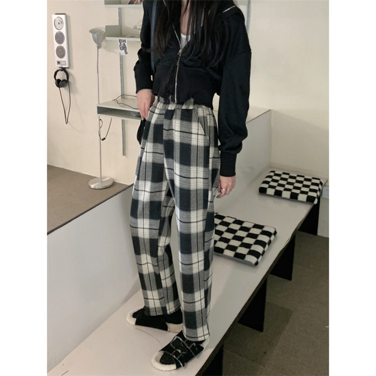 柄 パンツ 伸縮性抜群チェック柄ワイドパンツ女性用暖か厚手