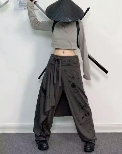 柄 パンツ 女の子向け不規則重ね着風ワイドパンツ