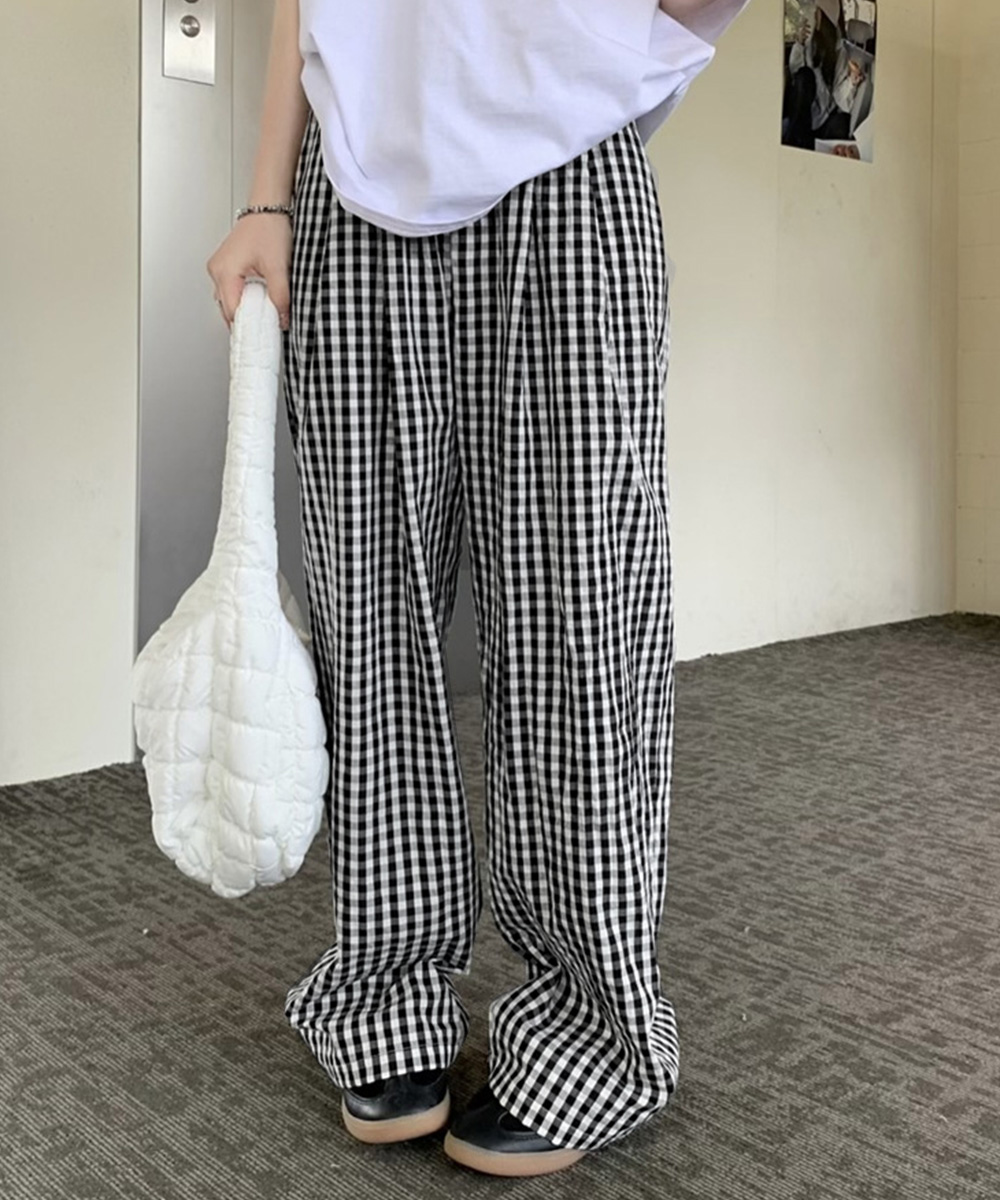 柄 パンツ ギンガムチェック柄ワイドパンツ ハイウエスト薄手