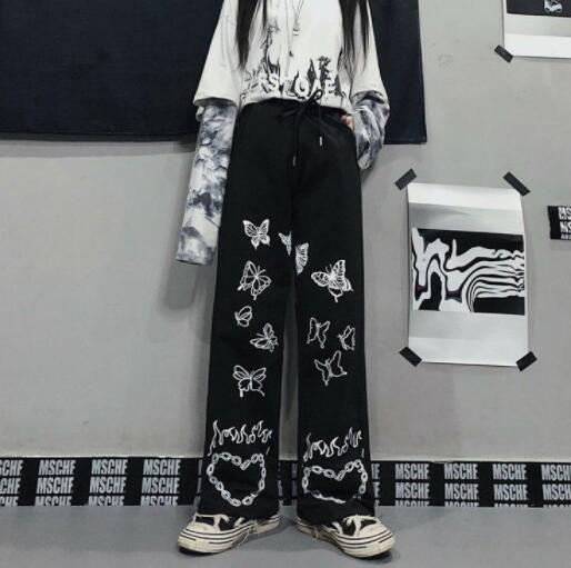 柄 パンツ 蝶々プリント ワイドパンツ カジュアル