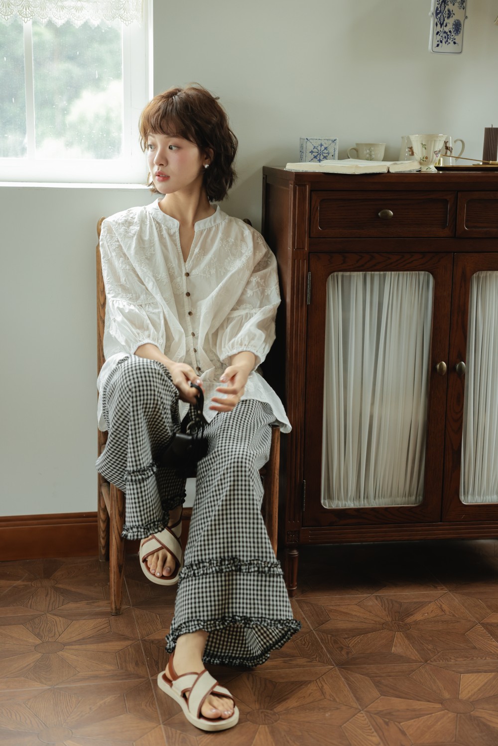 柄 パンツ 春夏新作 韓国風 チェック柄 フリルワイドパンツ