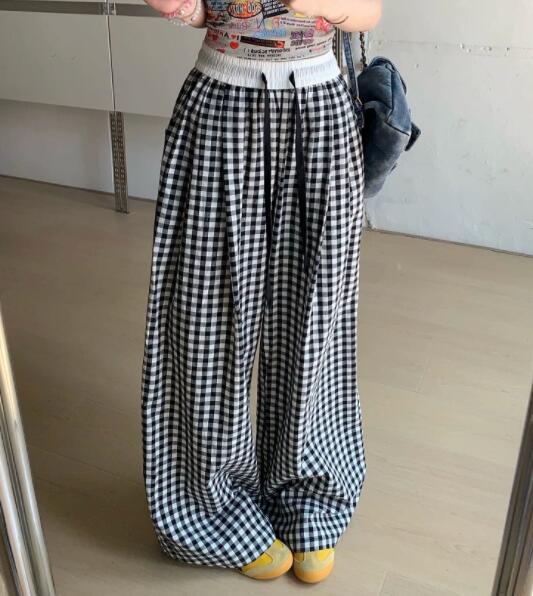 柄 パンツ チェック柄ワイドパンツゆったりボトムス