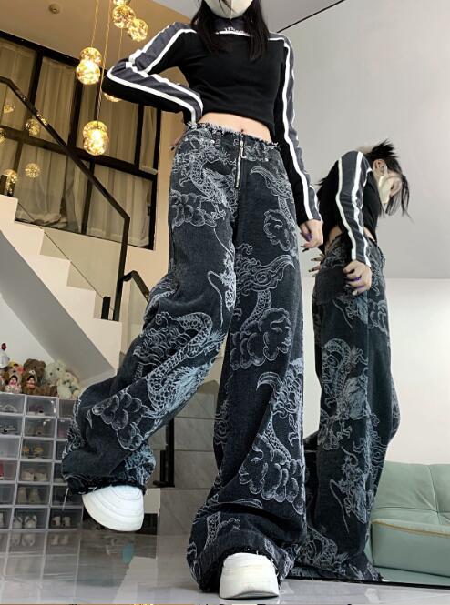 柄 パンツ 龍柄ワイドデニムパンツ レディース ユニセックス