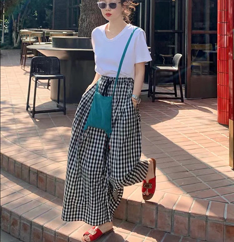 柄 パンツ 二〇二五年新作チェック柄ワイドパンツ女性用ハイウエスト
