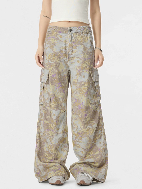 柄 パンツ 迷彩柄ワイドカーゴパンツ男女兼用ストリート