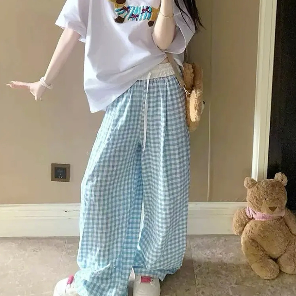 柄 パンツ 格子柄リラックスイージーパンツ