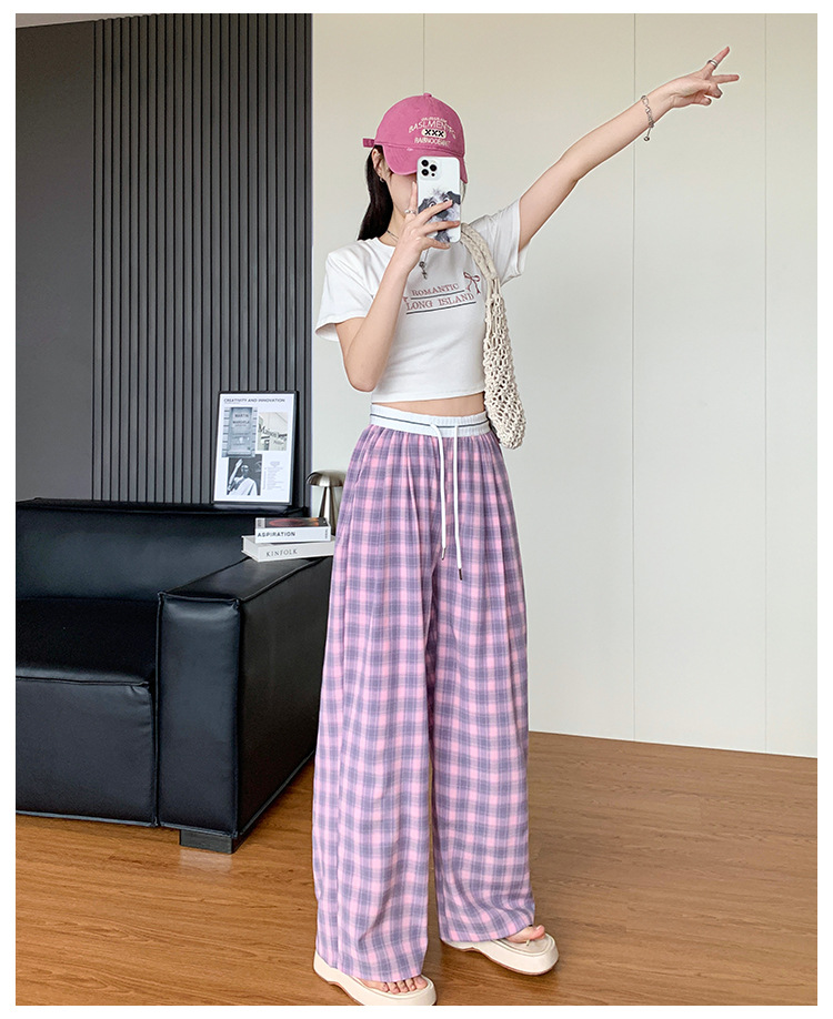 柄 パンツ ゆったりチェック柄ワイドパンツ