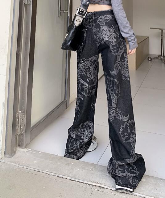 柄 パンツ 龍柄デニムハイウェストワイドパンツ