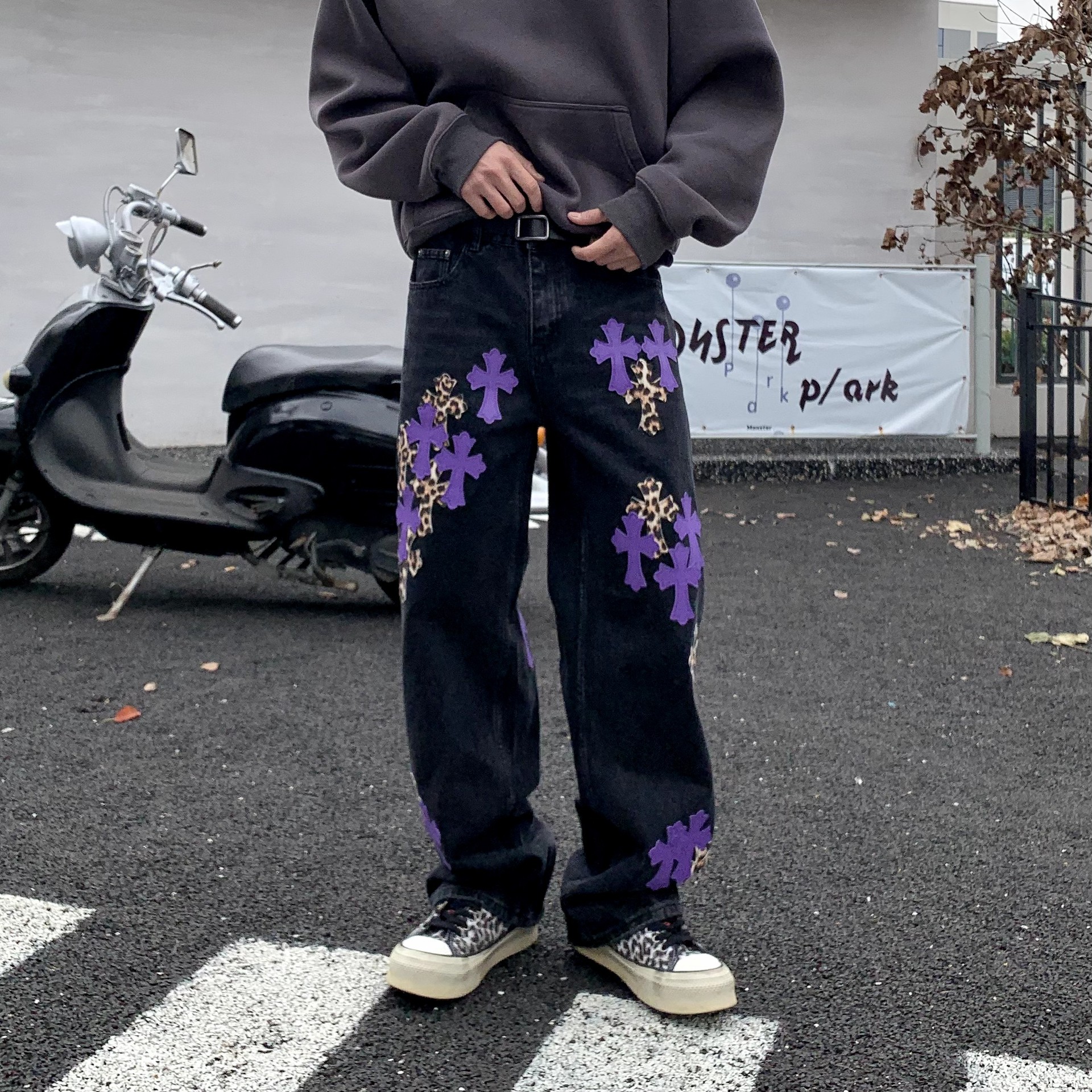 柄 パンツ 十字架刺繍ワイドパンツ