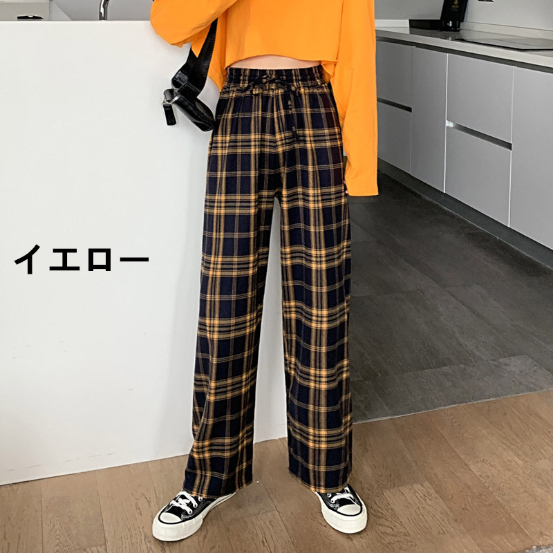 柄 パンツ チェック柄ワイドパンツ ゆったりロング丈ガウチョボトムス