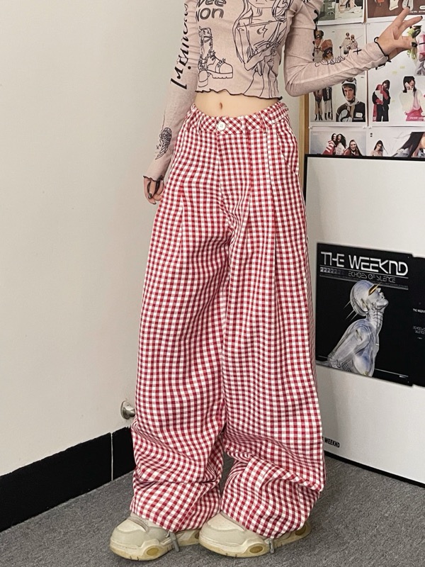 柄 パンツ 赤白チェック柄ワイドパンツ レディース格子柄ボトムス