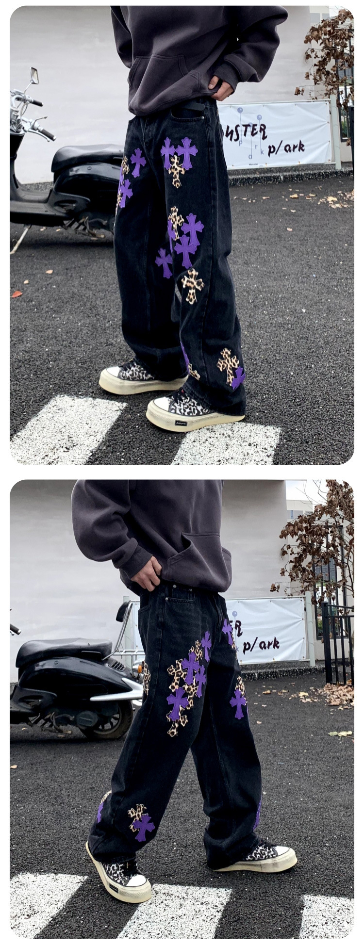 柄 パンツ 十字架刺繍ワイドパンツ