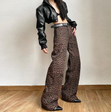 柄 パンツ 女性用ハイウエストワイドパンツヒョウ柄スラックス