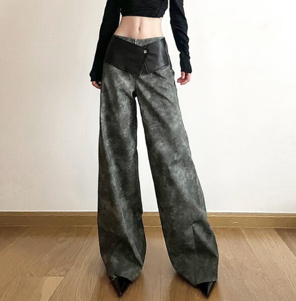 柄 パンツ 迷彩柄ハイウェストワイドパンツ合成革