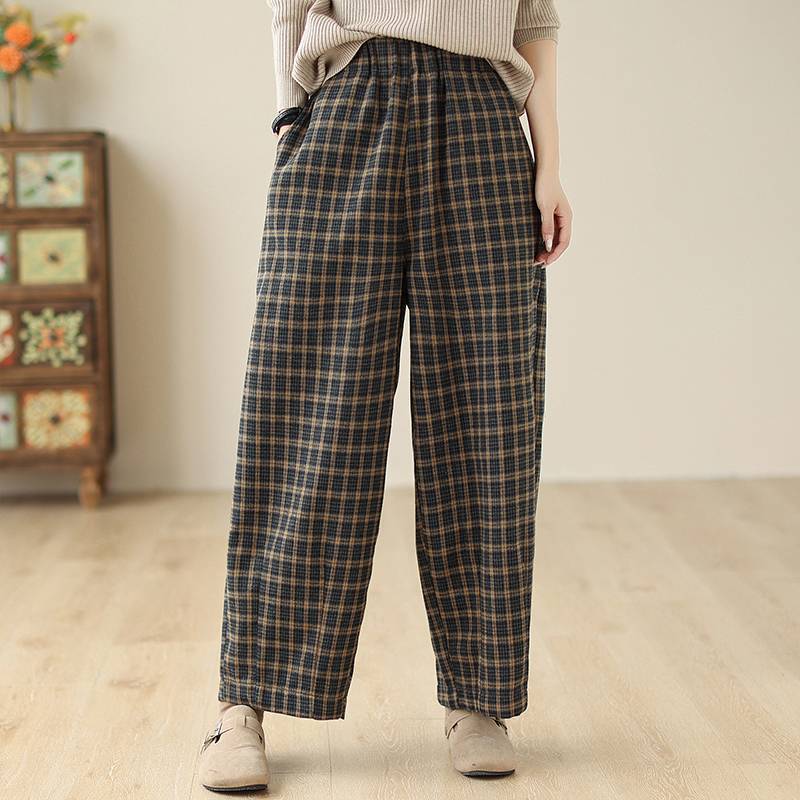 柄 パンツ 秋冬新作チェック柄裏起毛ロングパンツ