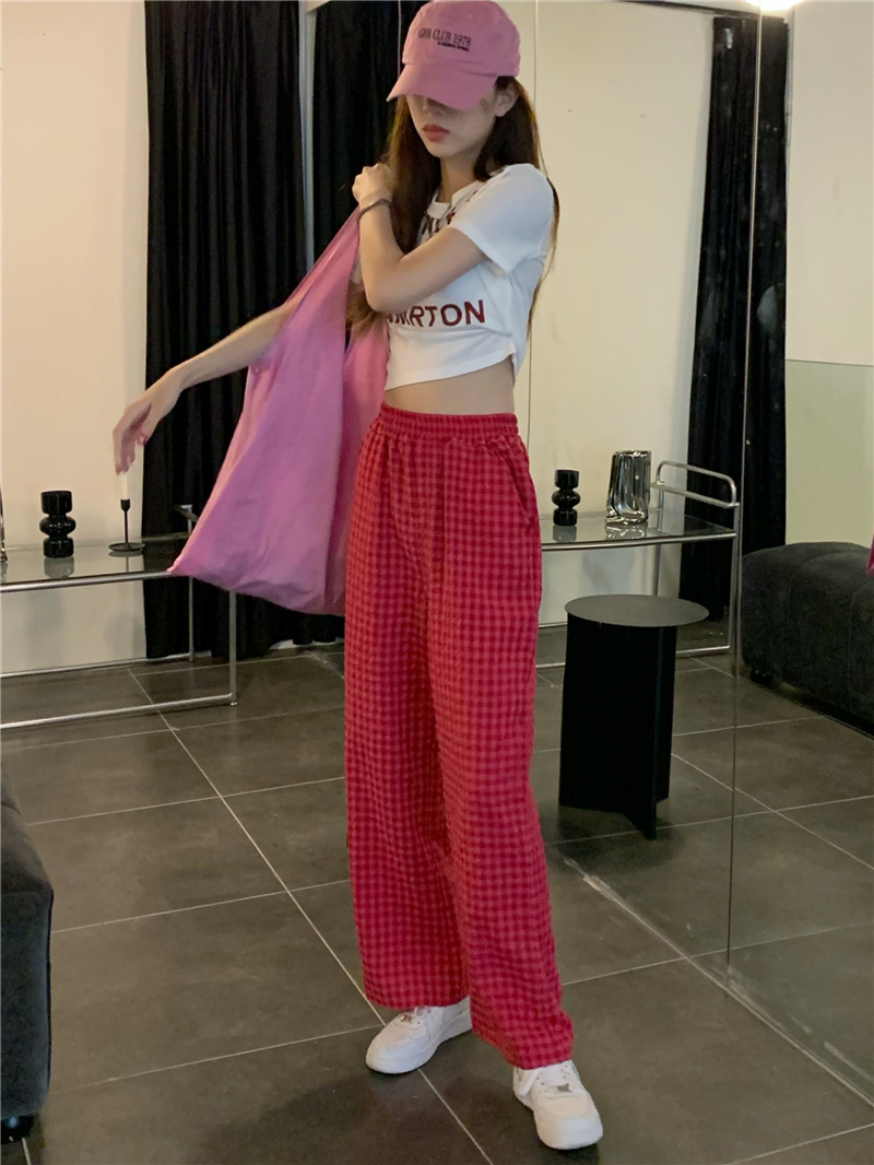 柄 パンツ チェック柄ハイウエストワイドパンツ