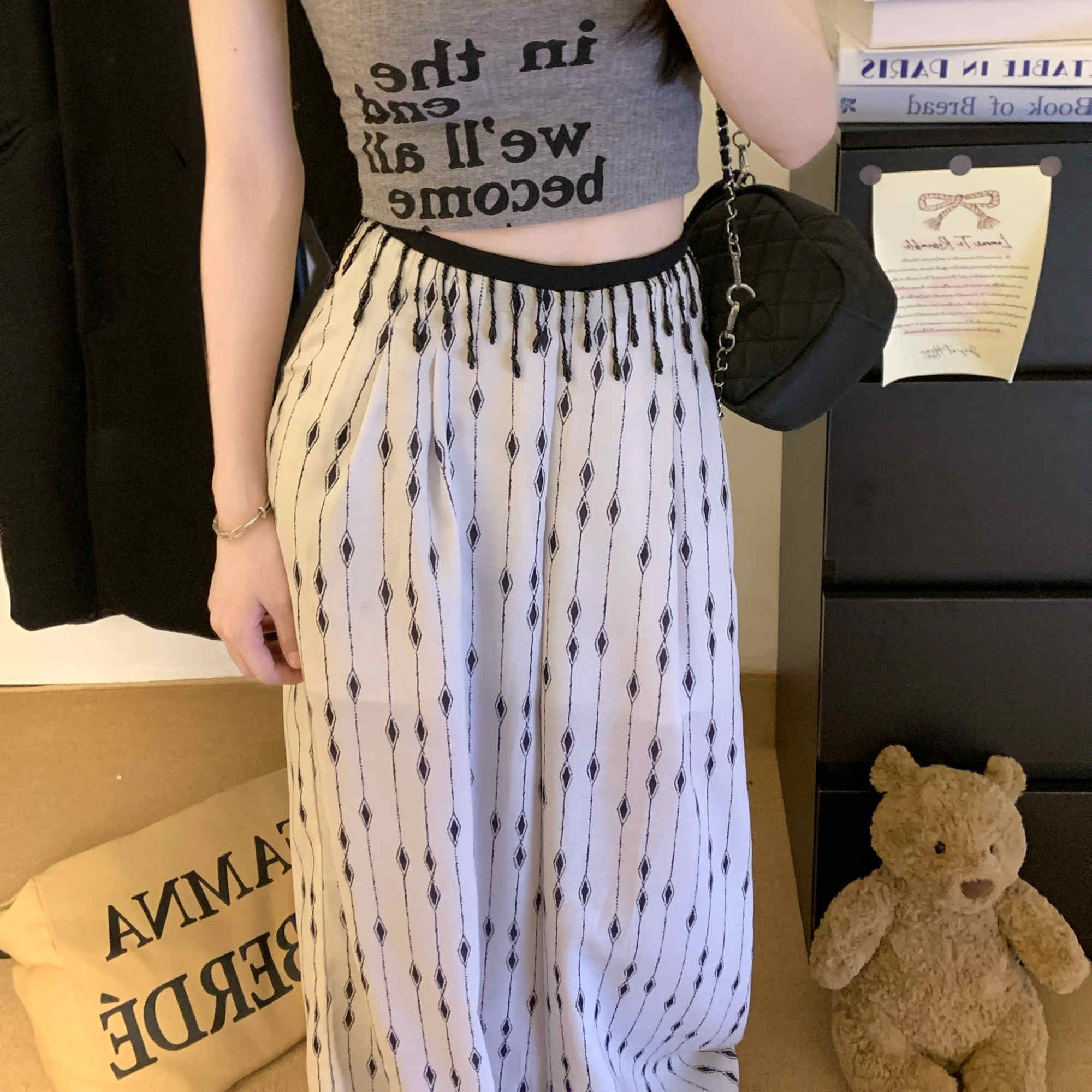 柄 パンツ 韓国風ダイヤ柄ワイドパンツ ゆったりカジュアル