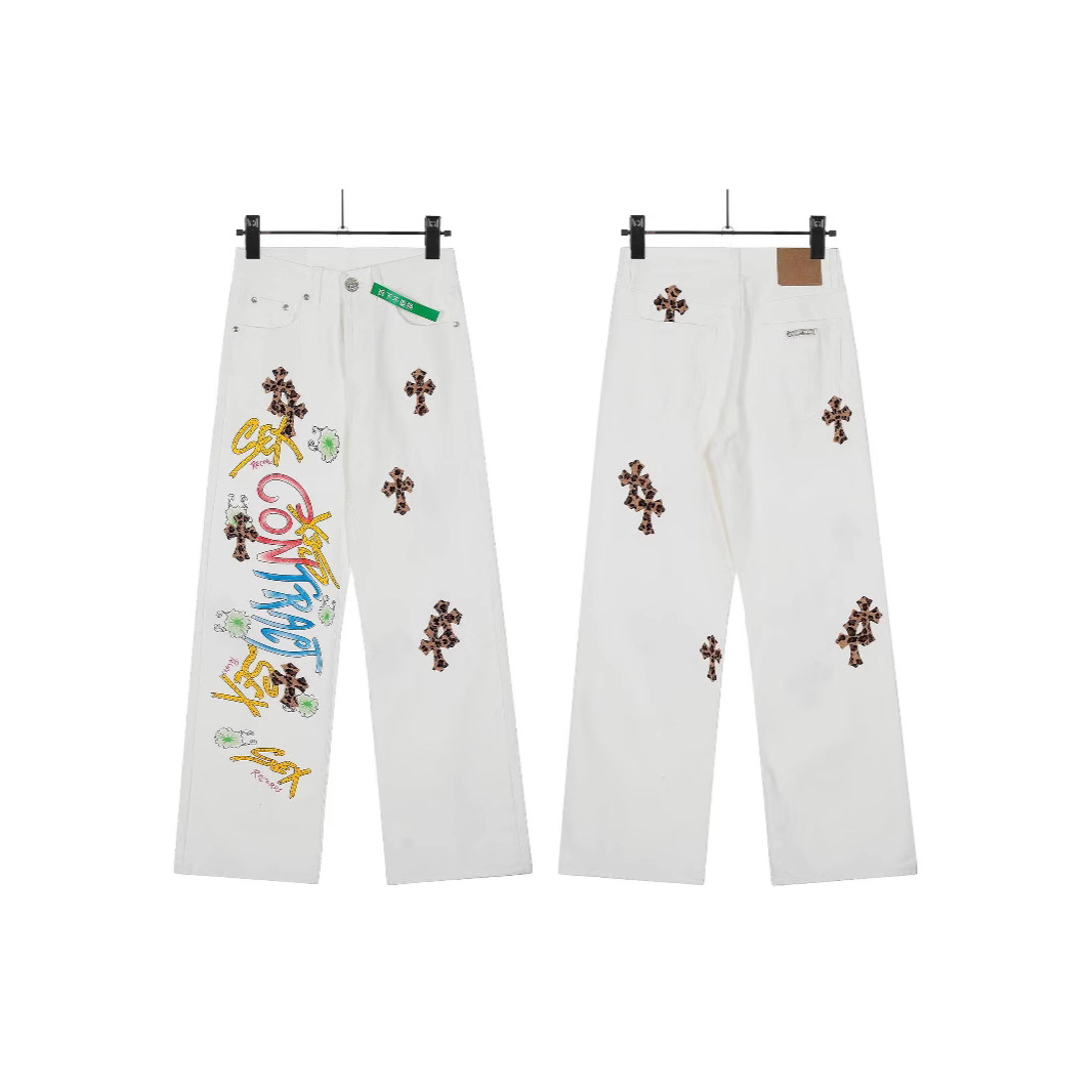 柄 パンツ 十字架刺繍芸術パンツ