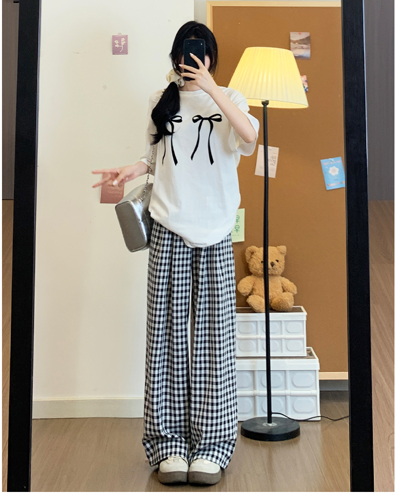 柄 パンツ 格子柄ゆったりワイドパンツ