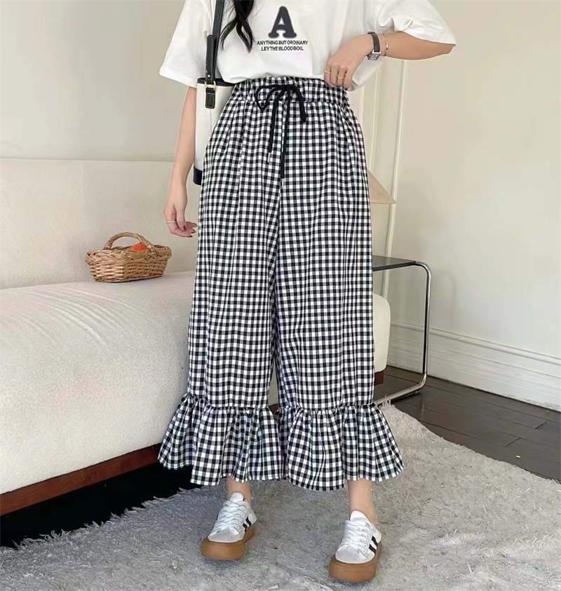 柄 パンツ ゆったりハイウエストチェック柄ストライプ柄パンツ