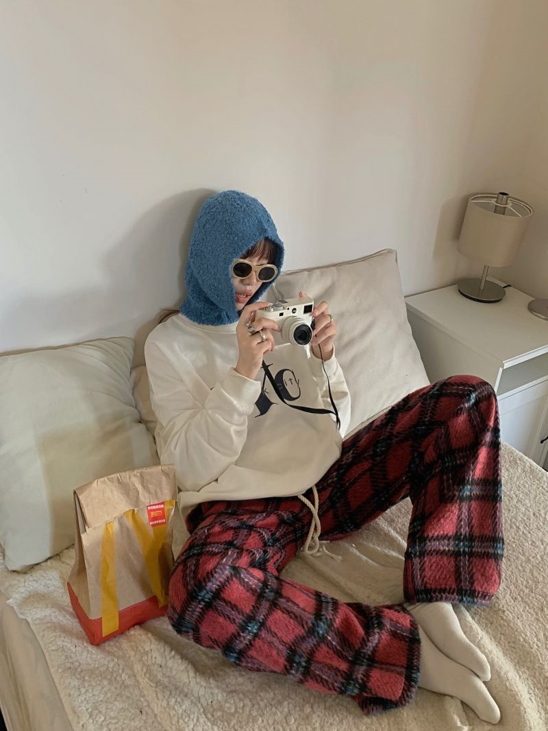 柄 パンツ 韓国風レトロチェック柄ゆったりカジュアルパンツ