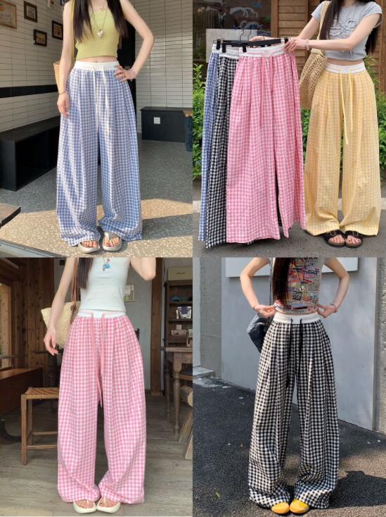 柄 パンツ チェック柄ワイドパンツゆったりボトムス