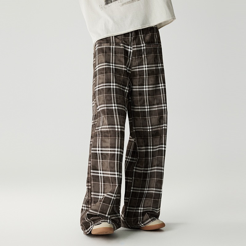 柄 パンツ レトロ格子柄ワイドパンツ チェック柄カジュアルボトムス