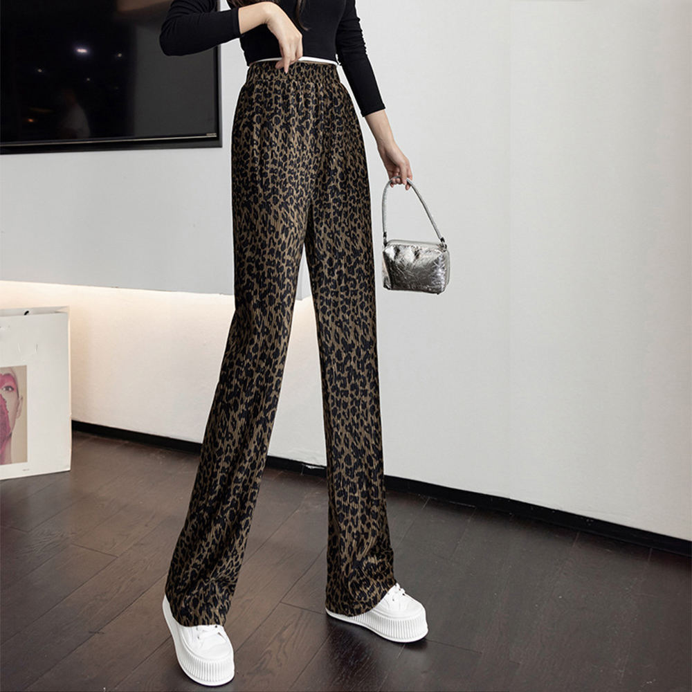 柄 パンツ ヒョウ柄プリーツワイドパンツ レディース