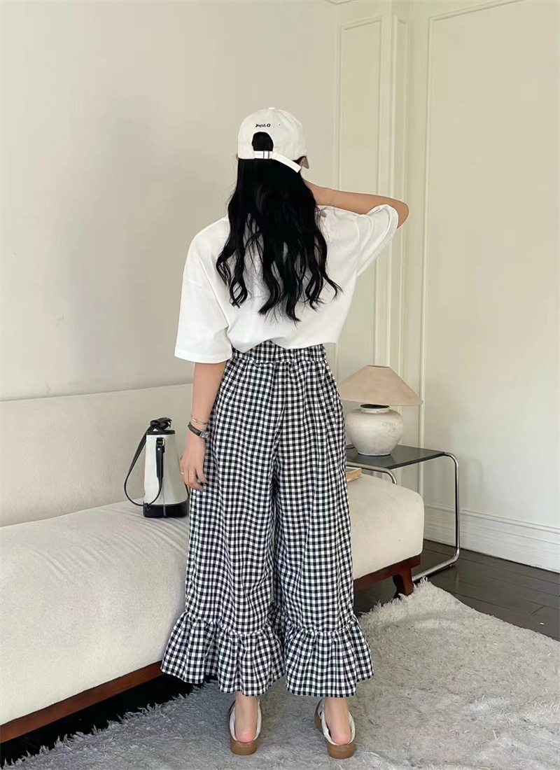 柄 パンツ ゆったりハイウエストチェック柄ストライプ柄パンツ