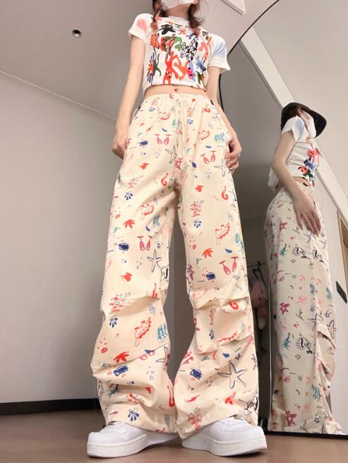 柄 パンツ 花柄プリントカーゴパンツ レディース ワイドボトムス