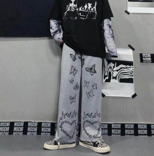 柄 パンツ 蝶々プリント ワイドパンツ カジュアル