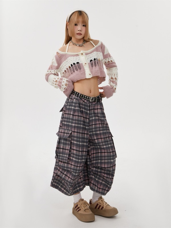 柄 パンツ チェック柄カーゴワイドパンツ七分丈