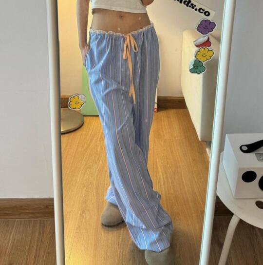 柄 パンツ 縦縞ストライプ柄ワイドパンツレディース