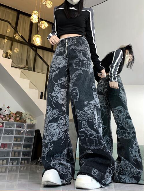 柄 パンツ 龍柄ワイドデニムパンツ レディース ユニセックス