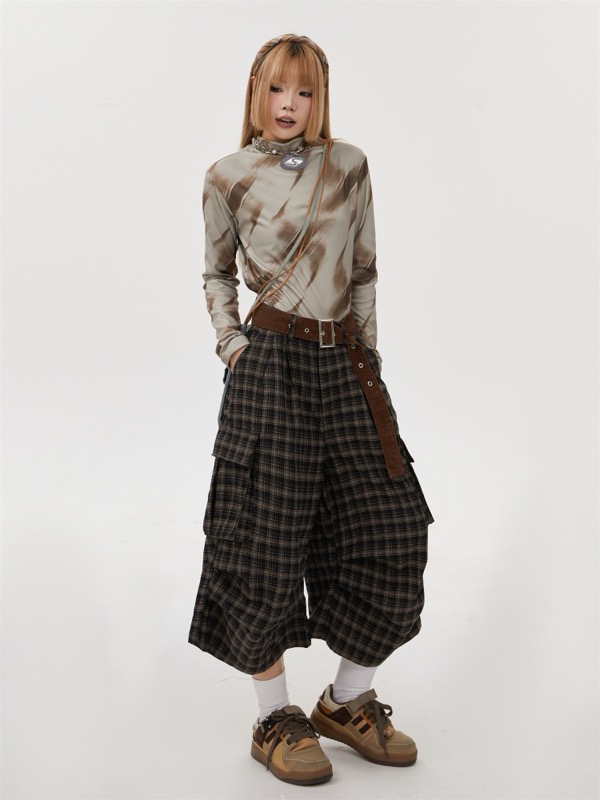 柄 パンツ チェック柄カーゴワイドパンツ七分丈