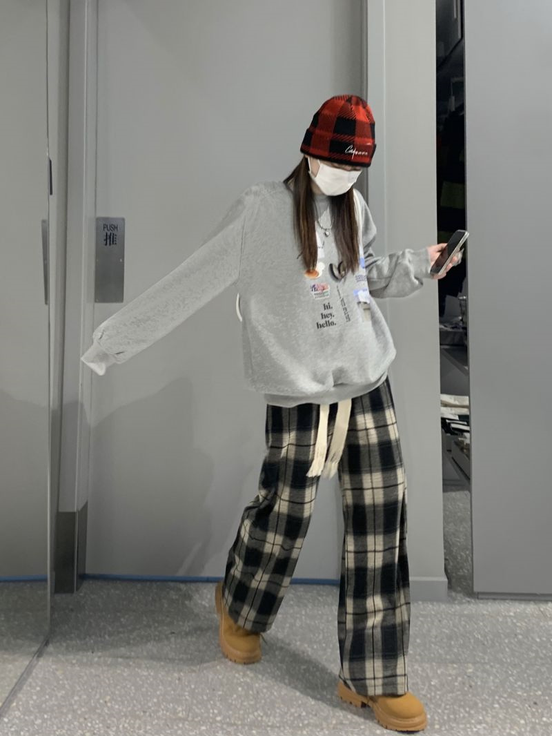 柄 パンツ 韓国風レトロチェック柄パンツ