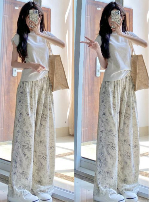 柄 パンツ 夏の花柄ワイドパンツ ウエストゴム薄手シフォン